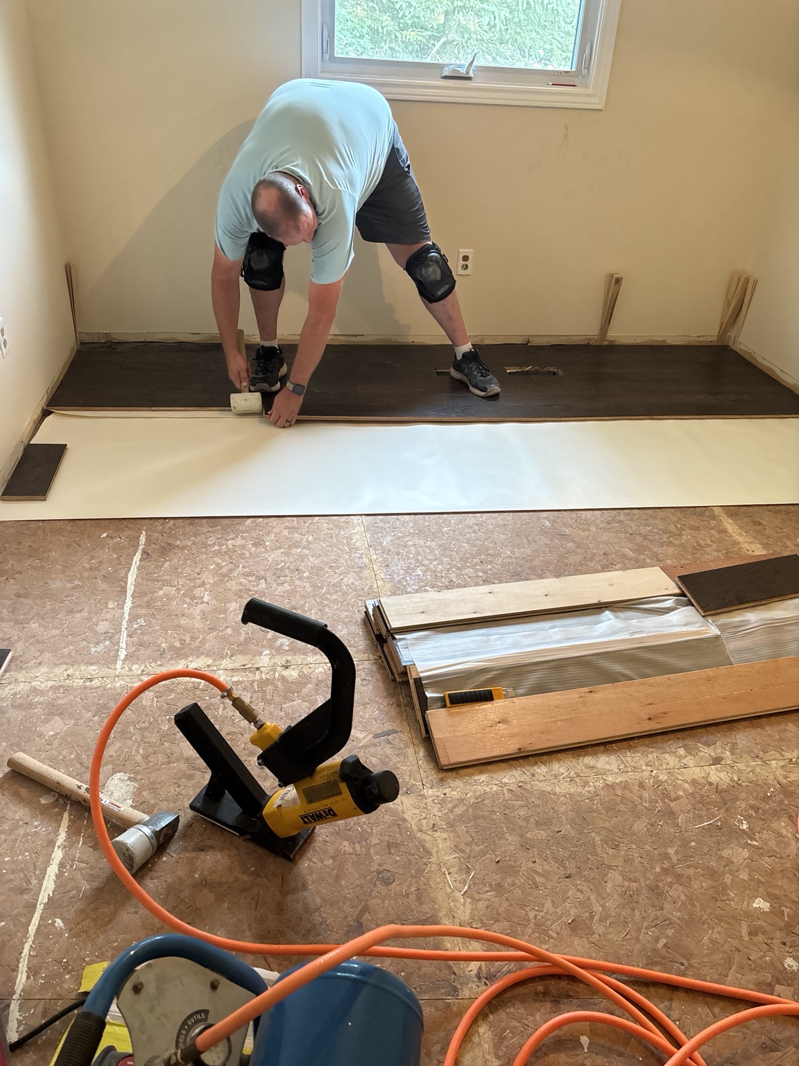 Dark engineered wood flooring being fastened during installation