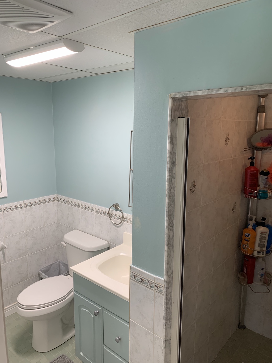 Hilltop basement bathroom before renovation with an older shower and drop ceiling