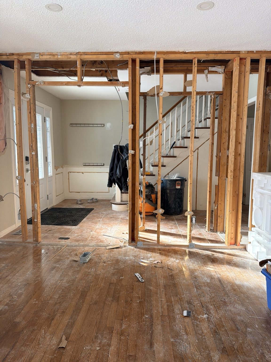 Interior framing exposed during a layout renovation