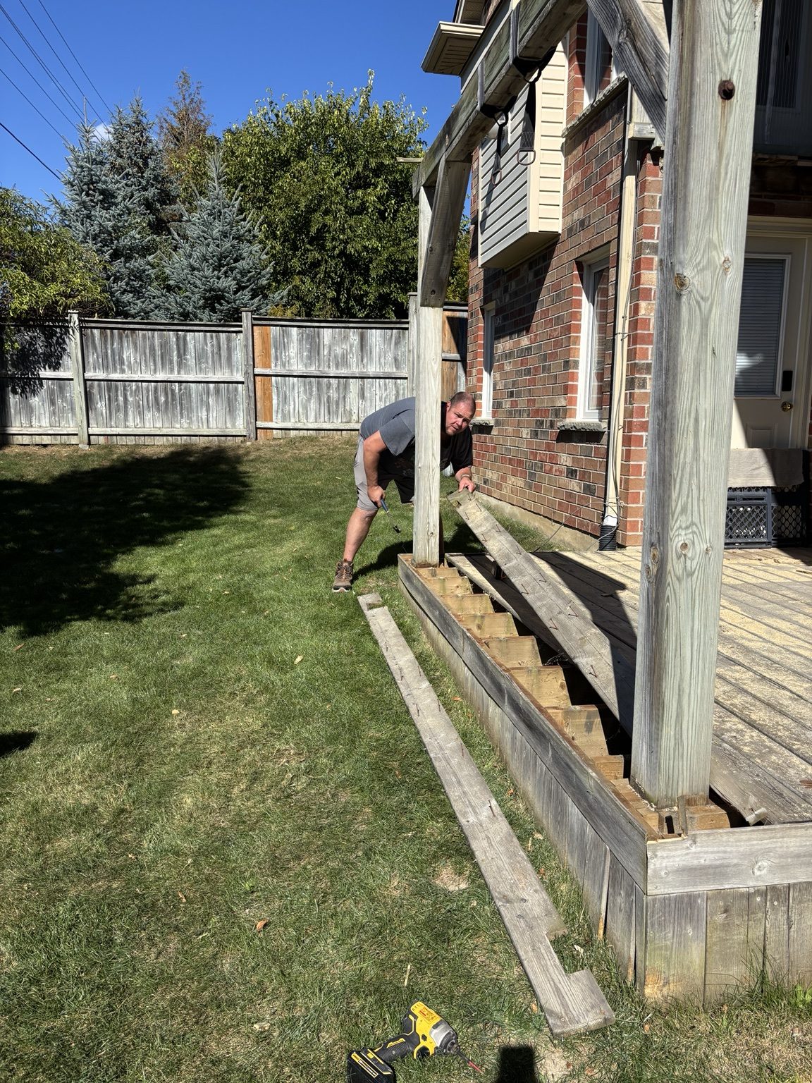 Deck boards and framing during construction